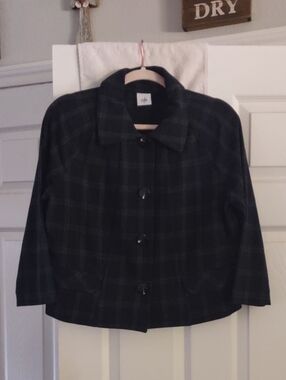 CAbi Navy And Green Plaid Button-Front Women's Pea Coat Size Medium